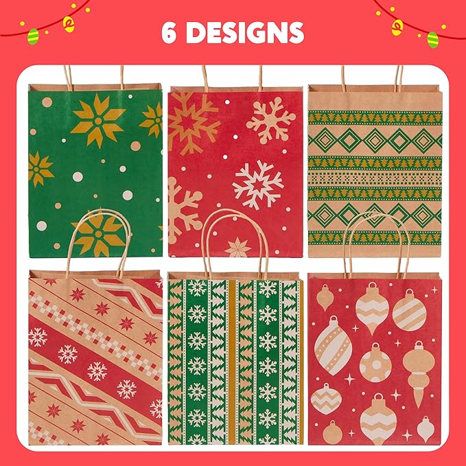 JOYIN 24 PCS Christmas Kraft Bags Holiday Paper Goody Gift Bags with Handles for Xmas Gifts Wrapping Party, Giant Gifts Decorations, Classrooms and Party Favors (Red+Green, 9" x 7.3" x 3.3")