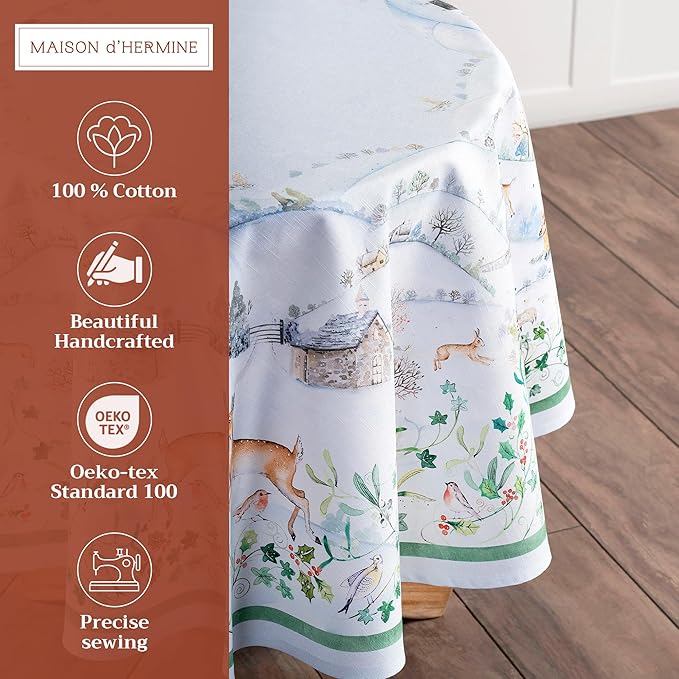 Maison d' Hermine Table Cloth Round Table 100% Cotton 69 Inches Fall Tablecloth Reusable Everyday Use for Thanksgiving Christmas Decorations Dining Farmhouse Party (Snowy World)