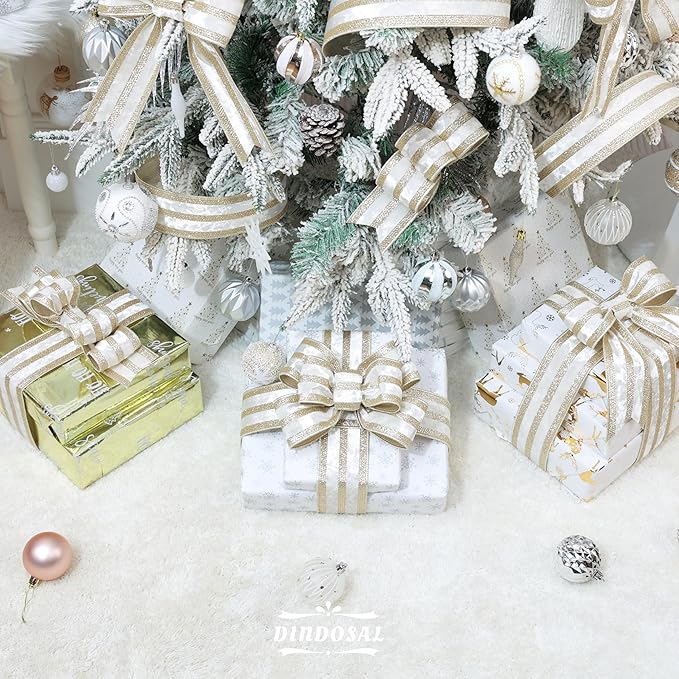 Ivory Velvet Wired Ribbon with Champagne Glitter Stripe 2.5 Inch Crushed Velvet Christmas Ribbon, 10 Yards for Gift Wrapping, Crafts, Christmas Tree Decorations, Wreath Supplies, Garlands