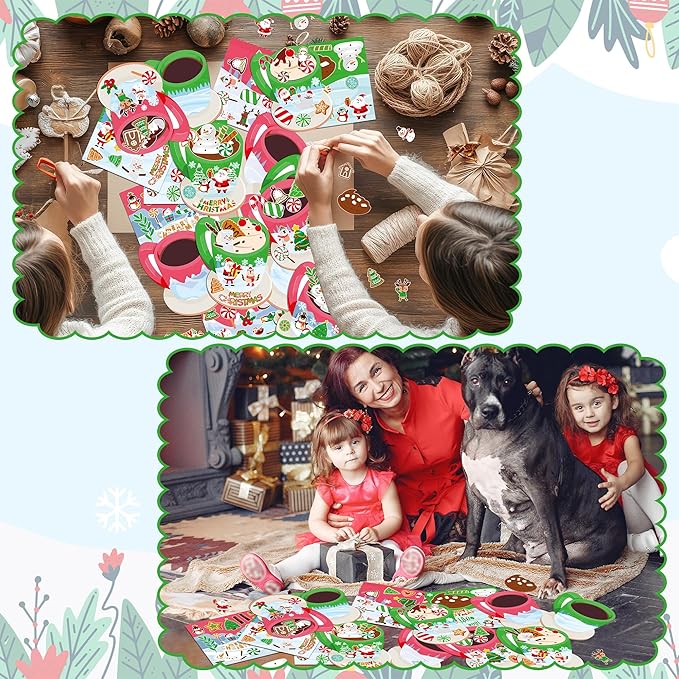 CY2SIDE 12 Set Christmas Hot Cocoa Cup Scene Sticker Art Craft for Kids, Make A Cocoa Cup Scene with Candy Sticker, DIY Xmas Party Games for School Classroom Activities