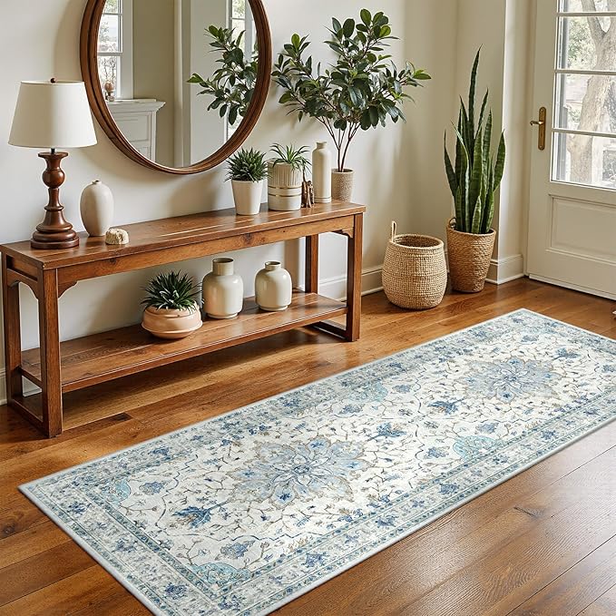 Area Rugs 2'x5' Washable Non-Slip, Floral Vintage Distress Print Pattern Medallion Carpet for Living Room Bedroom Dining Room, Light Blue Navy Beige Gray White