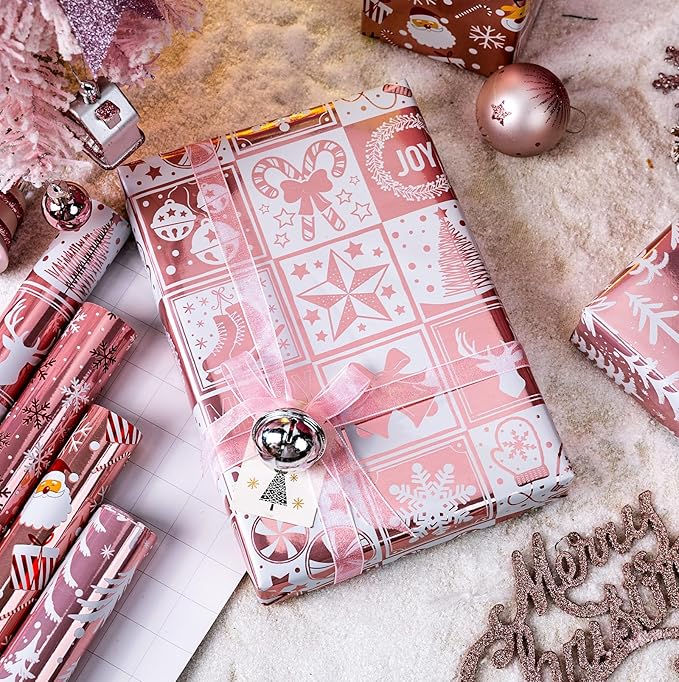 MAYPLUSS Christmas Wrapping Paper Jumbo Rolls with Gridlines - 30IN X 120IN - 4 Roll-Christmas Tree Santa Claus Snowflakes Reindeer Joyful for New Year Holiday Kids