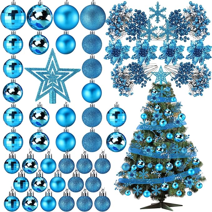 Sratte 94 Pcs Christmas Tree Decorations Set, Christmas Tree Ball Ornaments Glitter Poinsettia Flowers Decorations Glitter Berries Stems for Xmas Holiday Wedding(Lake Blue)