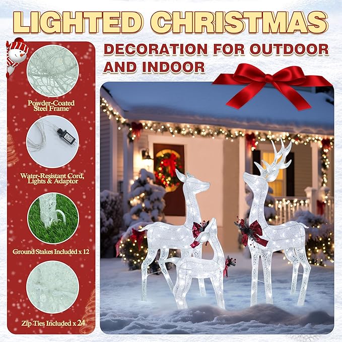 BlueWish Christmas Decorations Outdoor, 3-Piece Sliver Reindeer Christmas Decoration with 200 LED Lights, Pre-lit Outdoor Christmas Decor for Garden, Yard, Porch