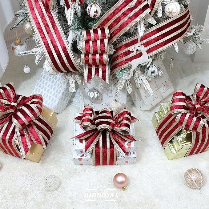 Burgundy Velvet Wired Ribbon with Champagne Glitter Stripe 4 Inch Crushed Velvet Extra Wide Christmas Ribbon, 10 Yards for Gift Wrapping, Crafts, Tree Decorations, Wreath Supplies, Garlands