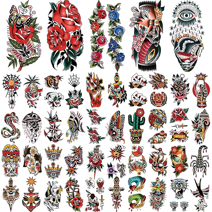 77 Sheets Temporary Tattoo for Women and Men, 17 Sheets Half Arm Chest Shoulder Fake Tattoos, 60 sheets Tiny for Adults Vintage Multi Colored Mixed Style Waterproof Realistic Tattoos Long-Lasting