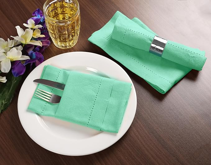 Palisa Cloth Dinner Napkins with Hemstitched Detailing & Mitered Corners Set of 4 (18x18 Inches) Mist Green - Cotton Reusable Dinner Napkins - Perfect for Weddings & Everyday Use