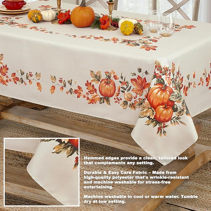 Lintex Thanksgiving Traditions Autumn Harvest Fabric Napkins, Set of 8, Pumpkin Patch and Fall Leaves Border, Easy Care Thanksgiving Fabric Napkin Set