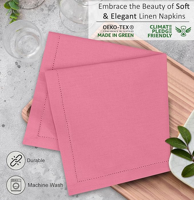 Ruvanti Premium Linen Napkins Set of 4-20x20 Inch, Classic Hemstitch, Mitered Corner Cloth Napkins ‎‎- Soft, Elegant Dinner Napkins Cloth Washable for Weddings, Parties, Everyday Use - Pink