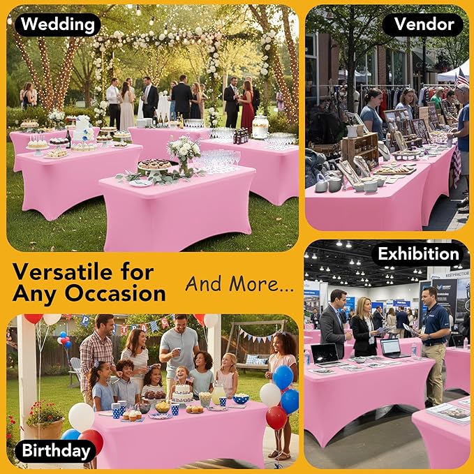 6-Pack Premium Pink Spandex Tablecloths for 8ft Rectangle Tables, Stain & Wrinkle-Resistant, Washable Stretch Polyester Fitted Table Cover for Weddings, Banquets, Trade Shows Events