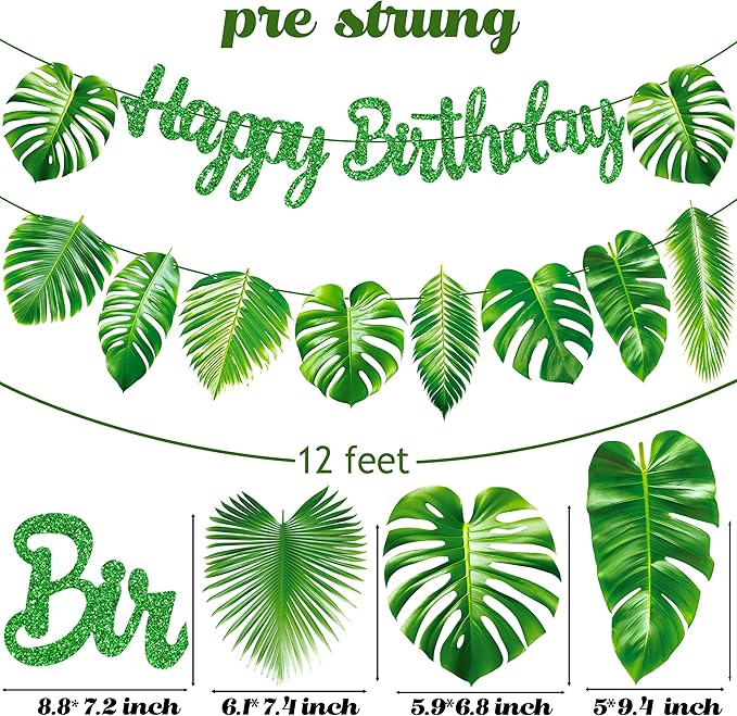 Tropical Birthday Decorations Green Palm Leaf Happy Birthday Banners Hawaiian Luau Birthday Decorations for Summer Theme Birthday Party Jungle Baby Shower Supplies