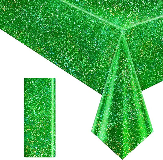 1 pcs Green Holographic Laser Tablecloth 40" x 108" Christmas Table Cloth Shimmer Shining Plastic Metallic Table Cover for Jungle Safari Wild One Baby Shower Birthday Party Decoration Supplies