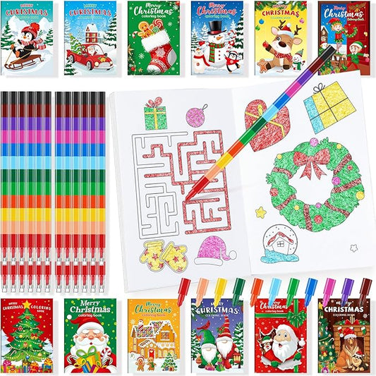 BenLouis 24 Christmas Mini Coloring Books Kids with 24 Stacking Crayons Xmas Theme Party Favors Activity Books Bulk for Kids Holiday Birthday Goodie Bag Gift Stuffer Classroom Reward