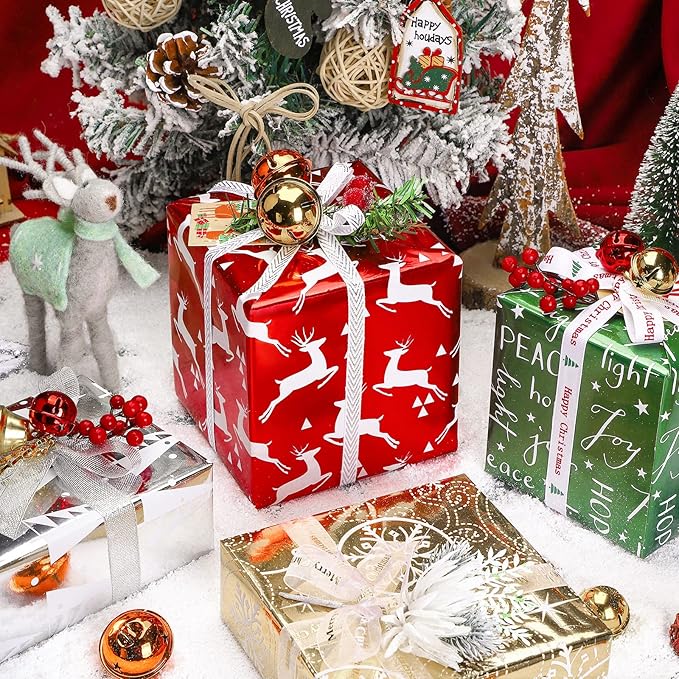 WRAPAHOLIC 30 Inch Christmas Wrapping Paper Roll - Jumbo Roll Red Green Gold and Silver Snowflakes Trees Holiday Collection with Metallic Foil Shine - 4 Rolls - 30 Inch x 120 Inch Per Roll