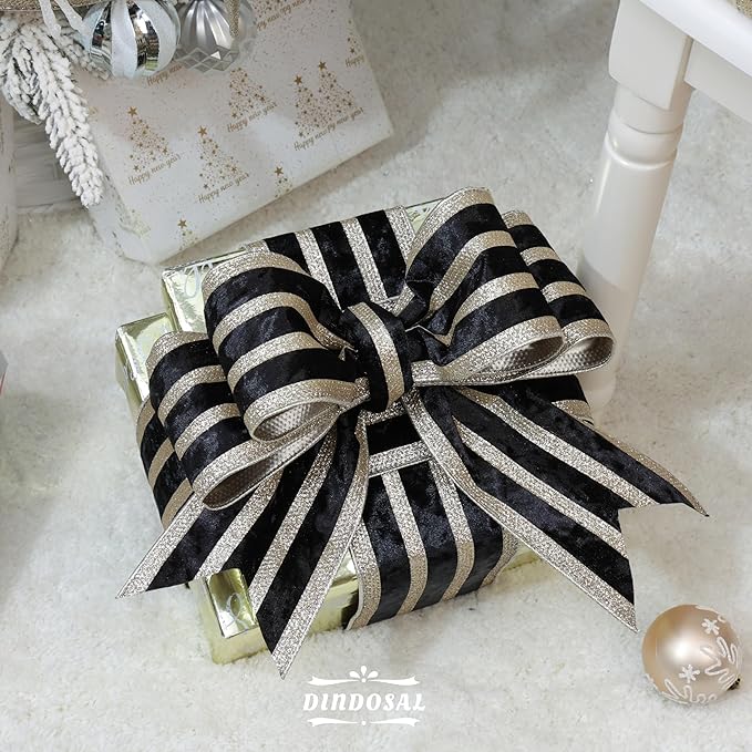 Black Velvet Wired Ribbon with Champagne Glitter Stripe 4 Inch Extra Wide Crushed Velvet Christmas Ribbon, 10 Yards for Gift Wrapping, Crafts, Tree Decorations, Wreath Supplies, Garlands