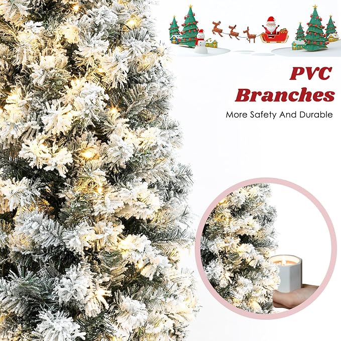 6.5ft Pre-lit Snow Flocked Pencil Christmas Tree Fir Hinged Slim Corner Xmas Tree Holiday Decoration with 250 Incandescent Warm White Lights & 586 Snow Branch Tips, White