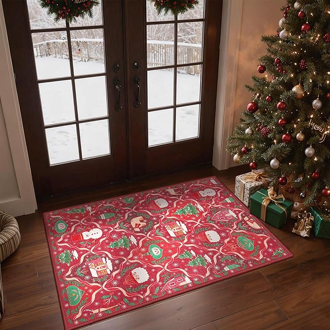 Christmas Rug 2x3 Washable Rugs for Entryway Bedroom, Christmas Home Decor, Holiday Print Carpet, Low Pile Non Slip Mat with Rubber Backing, Red Christmas Tale Pattern