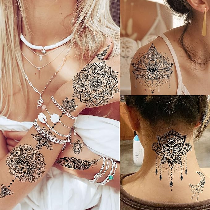 64 Sheets Tribal Vintage Black Lotus Temporary Tattoos for Women Girls, Bohemia Mandala Flower Fake Sleeve Tattoos for Adults Owl Moon
