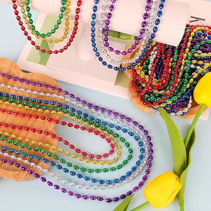 24PCS Mardi Gras Beads, Metallic 6 Kinds of Color Bead Necklaces, Aesthetic 32" Oval Necklaces Costume Beaded Party Favors, Festival Parade Throw Accessories for Wedding Birthday Party Favors Decor