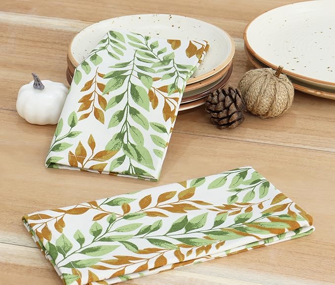 PurpleEssences Fall Harvest Decor Thanksgiving Napkins, 18x18 Fall Cloth Napkins Set of 6, 100% Cotton Autumn Fall Leaves Dinner Napkins for Farmhouse Kitchen, Sage N Autumn