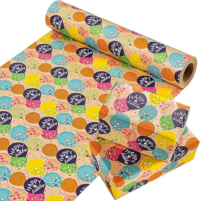WRAPAHOLIC Kraft Birthday Wrapping Paper Roll - Mini Roll - 17 Inch x 9.8 Feet - Colorful Balloon with Confetti Design for Girls Boys Kids, Baby Shower, Party