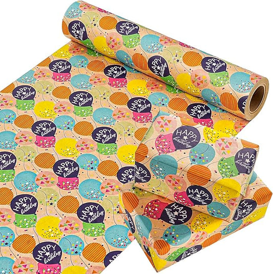 WRAPAHOLIC Kraft Birthday Wrapping Paper Roll - Mini Roll - 17 Inch x 9.8 Feet - Colorful Balloon with Confetti Design for Girls Boys Kids, Baby Shower, Party