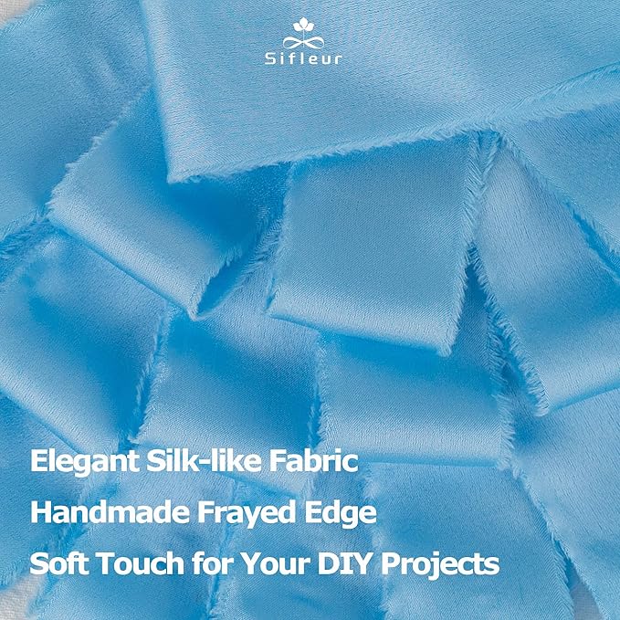 Satin Silk Ribbon, Light Blue Ribbon for Wrapping, 1-1/2 inch x 15 Yd Handmade Frayed Fringe Ribbons, for Wedding Engagement Birthday Shower Craft Flower Bouquet Invitation Decor, 3 Rolls