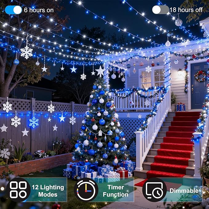350LED 90FT Christmas Lights Indoor Outdoor, 12 Modes Blue and White Outdoor String Lights with Timer & Dimmable, Green Wire Christmas String Lightsfor Xmas Patio Yard Fence Wedding Bedroom Garden