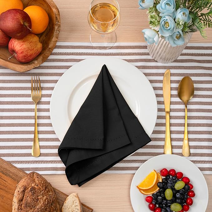 Blue Needles Set of 12 Hemstitch Linen Napkins 100% Cotton Black Cloth Dinner Napkins 18x18 inches, Soft, Reusable, Absorbent, Washable, Ideal for Fall Thanksgiving Events, Parties & Everyday Use