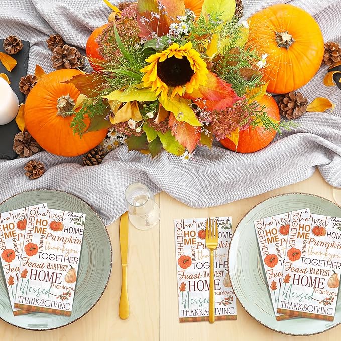 100pcs Fall Paper Napkins,Disposable Thanksgiving Guest Napkins Pumpkin Paper Hand Towels for Autumn Harvest Thanks Theme Party Table Home Kitchen Bathroom Decorations,7.9 * 4.3inch