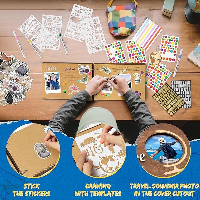 CY2SIDE Travel Photo Album Scrapbook - 111PCS Let The Adventure Begin Wooden Travel Scrapbook Craft Kit, Traveling Diary Photo Book DIY Handmade Souvenir Gifts for Adventure Lovers, Heartfelt Present