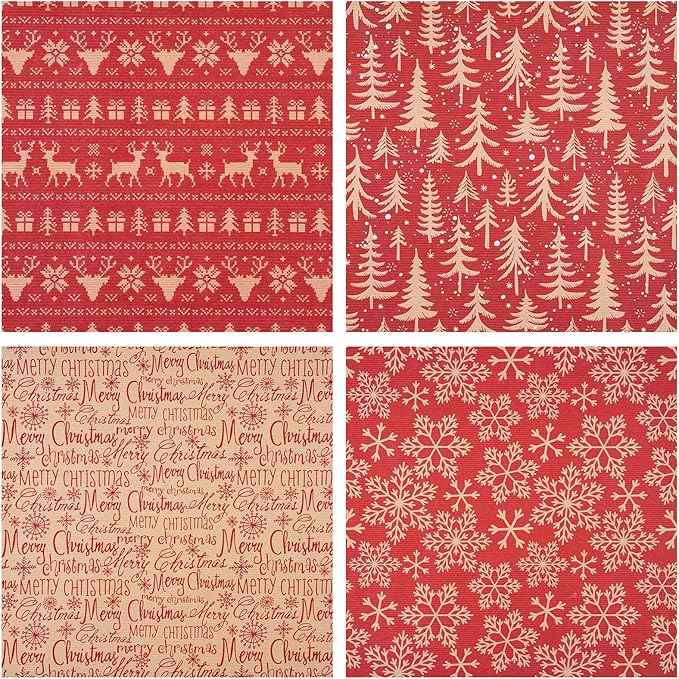 RUSPEPA Christmas Kraft Wrapping Paper Roll - Red Reindeer, Snowflake, Christmas Tree and Text Design - 17 inches x 10 feet per Roll, Total of 4 Rolls