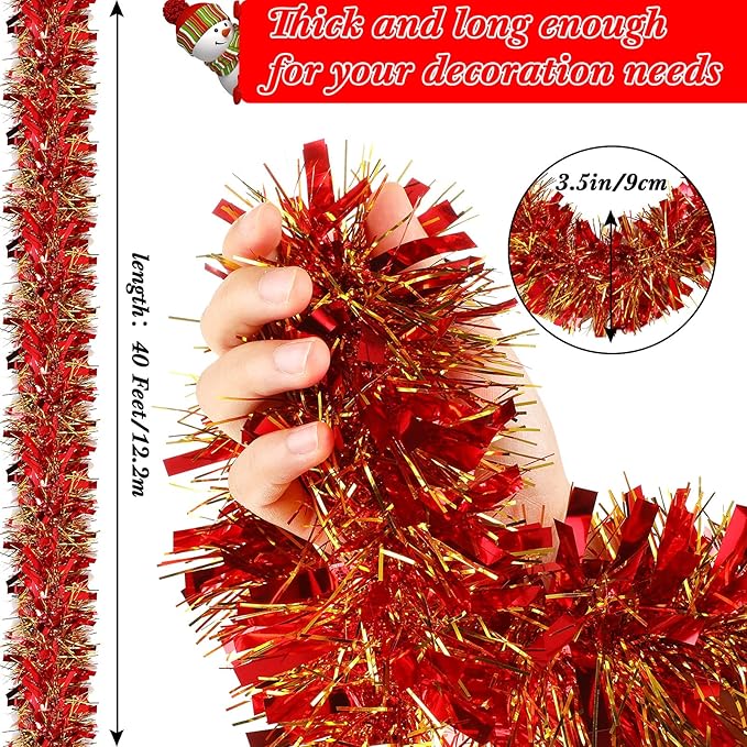 Dilunave 40 Feet Christmas Tinsel Garland Metallic Foil Twist Tinsel Garland Decoration for Christmas Tree, Wedding, Birthday and Party Hanging Decorations(Gold, Red)