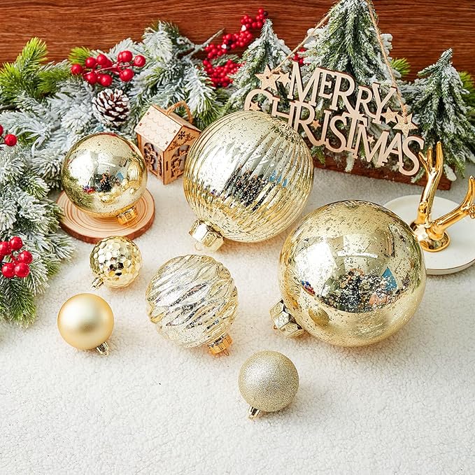 Large Christmas Ball Ornaments, Oversized Shatterproof Plastic Decorative Hanging Mercury Ornaments Ball for Xmas Holiday Party Decorations (Gold, 4.0")