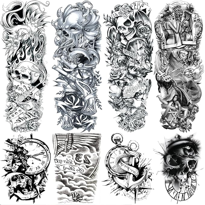 Pirate Skull Temporary Tattoo Sleeves for Men, 4-Sheet Full Arm Large Flower Skeleton Octopus Fake Tattoo Sleeve Adult Women and 4-Sheet Black 3D Anchor Clock Eye Half Temp Tatoo Sticker Leg Body Art