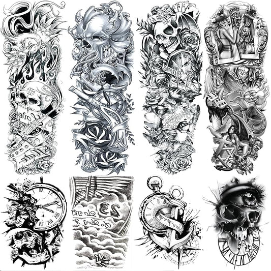 Pirate Skull Temporary Tattoo Sleeves for Men, 4-Sheet Full Arm Large Flower Skeleton Octopus Fake Tattoo Sleeve Adult Women and 4-Sheet Black 3D Anchor Clock Eye Half Temp Tatoo Sticker Leg Body Art