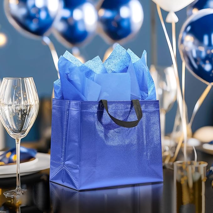 KeerxunBag 12Pcs Reusable Gift Bags（Includes Tissue Paper） Gift bag with handle Birthdays Parties Holidays Weddings Medium 13x5x11in Blue Gift Bags