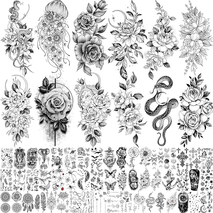 64 Sheets Long Lasting Flower Temporary Fake Tattoos For Women Arm Neck, Jellyfish Sunflower Moon Rose For Adults Girl, 3D Temp Realistic Snake Tatoo Stickers Serpent Peony Floral Kids