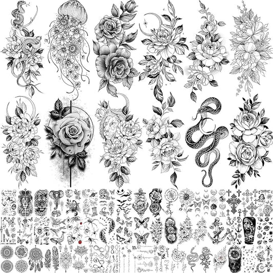 64 Sheets Long Lasting Flower Temporary Fake Tattoos For Women Arm Neck, Jellyfish Sunflower Moon Rose For Adults Girl, 3D Temp Realistic Snake Tatoo Stickers Serpent Peony Floral Kids