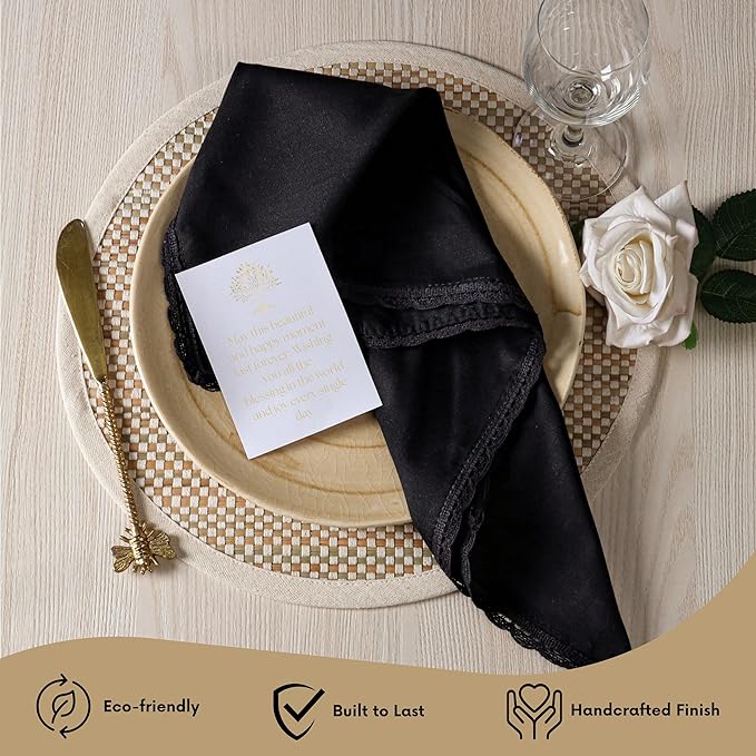 Ramanta Home Linen Flax Cloth Napkins Set of 12| 18x18 Inch | Premium Cotton Linen Flax Lace Soft & Durable | Washable Ideal for Everyday Use Parties Thanksgiving Christmas Halloween Black