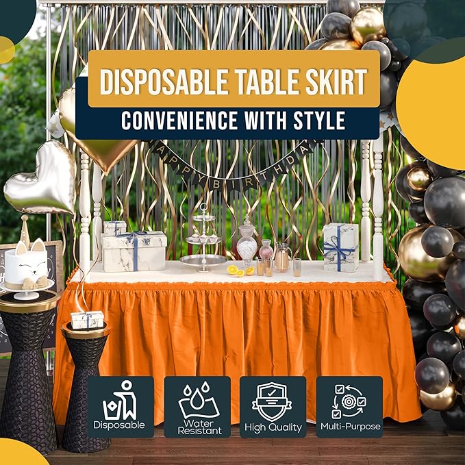 Exquisite Ruffle Table Skirt Orange 6 Pack 14 Ft Long Table Skirts for Rectangle Tables 6ft Plus or Round Tables Skirts with Adhesive Strip for Gender Reveal Decor & Happy Birthday Parties