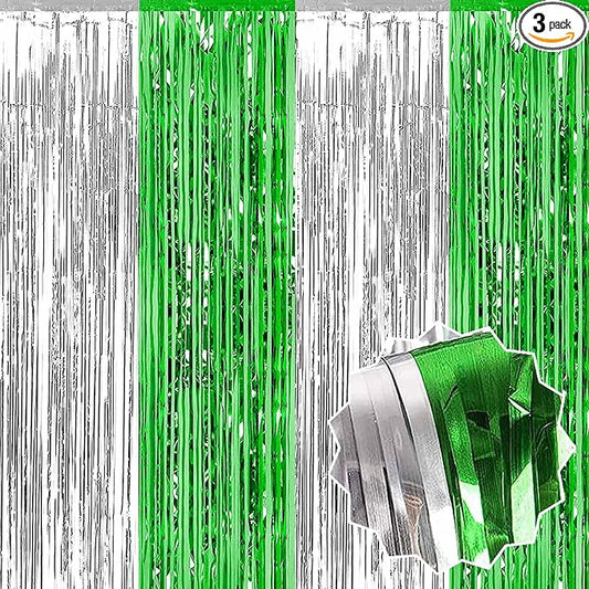 3 Pack Silver Green Foil Fringe Curtains Backdrop, 3.28 x 8.2 Ft Metallic Streamers Tinsel Curtains Background for Photo Booth, Birthday, Christmas, Halloween, New Year Party Decorations