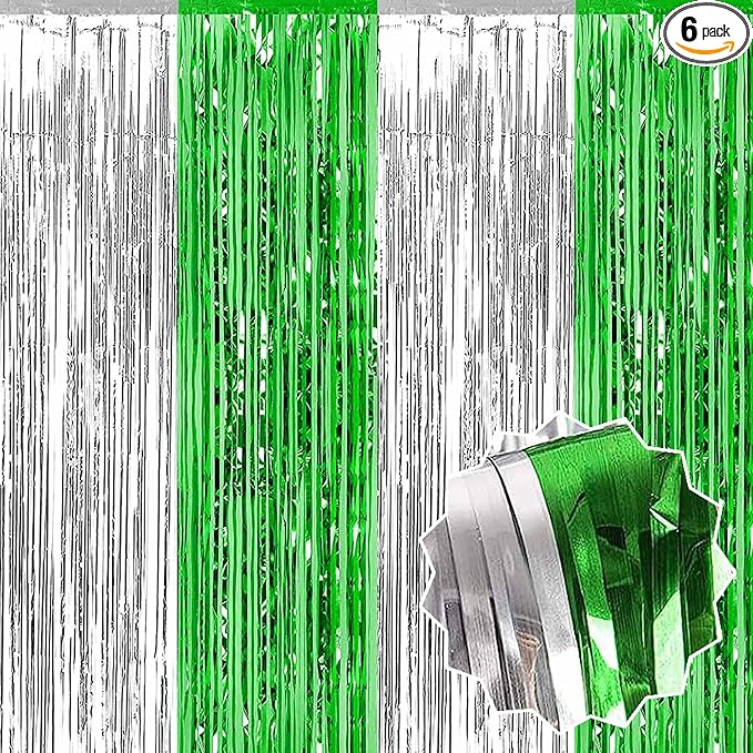 6 Pack Silver Green Foil Fringe Curtains Backdrop, 3.28 x 8.2 Ft Metallic Streamers Tinsel Curtains Background for Photo Booth, Birthday, Christmas, Halloween, Thanksgiving, New Year Party Decorations