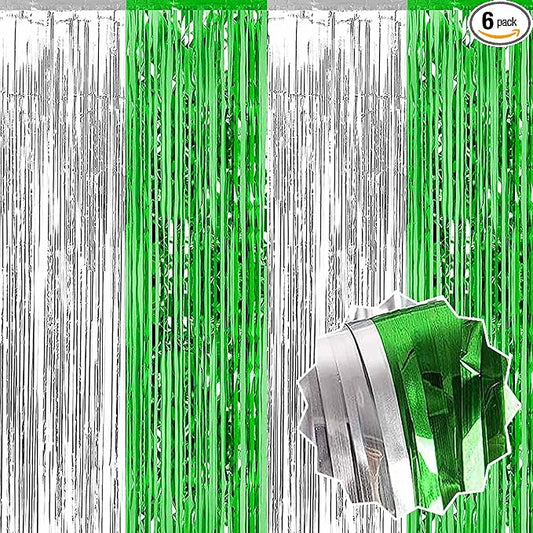 6 Pack Silver Green Foil Fringe Curtains Backdrop, 3.28 x 8.2 Ft Metallic Streamers Tinsel Curtains Background for Photo Booth, Birthday, Christmas, Halloween, Thanksgiving, New Year Party Decorations