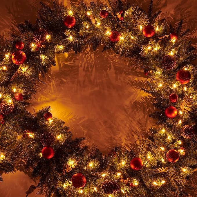 9FT Red Gold Christmas Garland Prelit with 70 Lights Plug in,Decor for Fireplace Stairs Mantle Door Indoor Outdoor