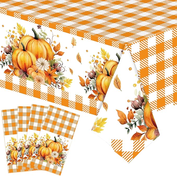Mornajina 4Packs 108 x 54 Inch Thanksgiving Orange Gingham Tablecloth DisposableTable Cover Rectangle Plastic Table Cloth for Thanksgiving Table Decoration (Orange Gingham)