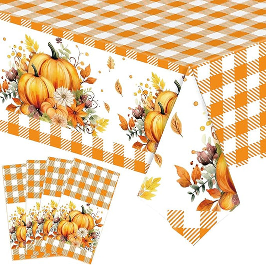 Mornajina 4Packs 108 x 54 Inch Thanksgiving Orange Gingham Tablecloth DisposableTable Cover Rectangle Plastic Table Cloth for Thanksgiving Table Decoration (Orange Gingham)
