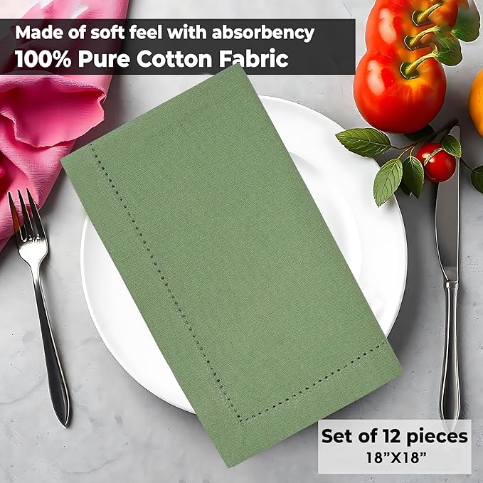 Urban Villa Cloth Napkins Sage Hemstitch Dinner Napkins Set of 12 20X20 100% Cotton Absorbent Washable Durable Reusable Cloth Napkins Ideal for Farmhouse Party Thanksgiving Harvest Fall Dinner Napkins
