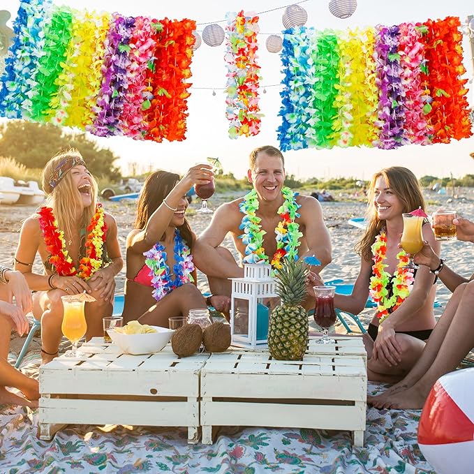 24pcs Leis for Luau Party, Hawaiian Leis Bulk Decorations Silk Flower Necklace, Colorful Tropical Hawaiian Bulk Hula Dance Party Decor, Flower Leis Summer Beach Pool Party Decorations Favors Supplies