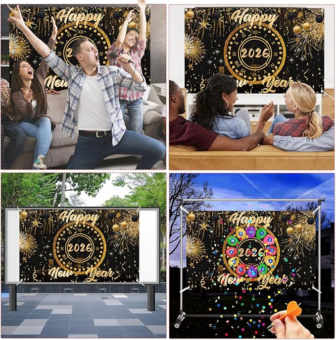 2026 New Year's Eve Decoration Set with Happy New Year Banner，Countdown Balloon Dart Party Games for Adults Families, New Year's Eve Party Supplies 2026, Photo Props for Holiday Celebrations